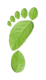 Image of Human footprint made of green leaves on white background, top view. Environmental care, ecology protection, reducing CO2 emission