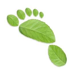 Image of Human footprint made of green leaves on white background, top view. Environmental care, ecology protection, reducing CO2 emission