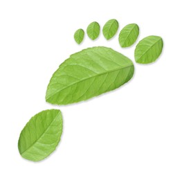 Image of Human footprint made of green leaves on white background, top view. Environmental care, ecology protection, reducing CO2 emission