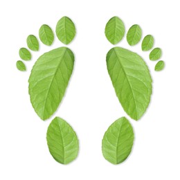 Image of Human footprints made of green leaves on white background, top view. Environmental care, ecology protection, reducing CO2 emission
