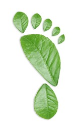 Image of Human footprint made of green leaves on white background, top view. Environmental care, ecology protection, reducing CO2 emission