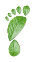 Image of Human footprint made of green leaves on white background, top view. Environmental care, ecology protection, reducing CO2 emission