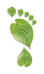 Image of Human footprint made of green leaves on white background, top view. Environmental care, ecology protection, reducing CO2 emission