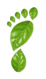 Image of Human footprint made of green leaves on white background, top view. Environmental care, ecology protection, reducing CO2 emission