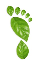 Image of Human footprint made of green leaves on white background, top view. Environmental care, ecology protection, reducing CO2 emission