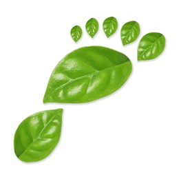 Image of Human footprint made of green leaves on white background, top view. Environmental care, ecology protection, reducing CO2 emission