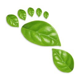 Image of Human footprint made of green leaves on white background, top view. Environmental care, ecology protection, reducing CO2 emission