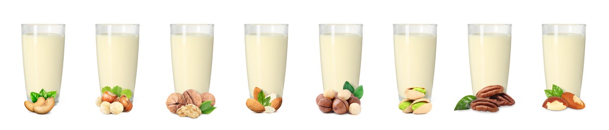 Image of Different types of nut milk in glasses isolated on white, set