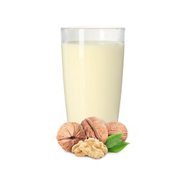 Image of Nut milk in glass and walnuts isolated on white