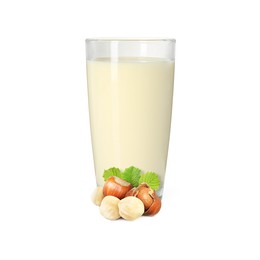 Image of Nut milk in glass and hazelnuts isolated on white