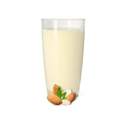 Image of Nut milk in glass and almonds isolated on white