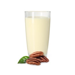 Image of Nut milk in glass and pecans isolated on white