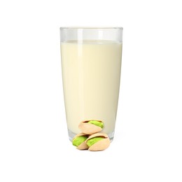 Image of Nut milk in glass and pistachios isolated on white