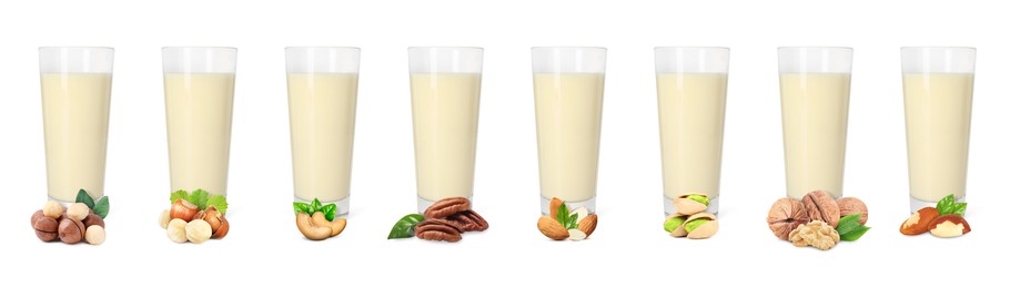 Image of Different types of nut milk in glasses isolated on white, set