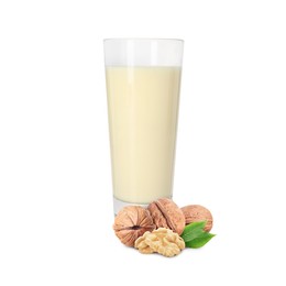 Image of Nut milk in glass and walnuts isolated on white