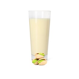 Image of Nut milk in glass and pistachios isolated on white