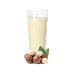 Image of Nut milk in glass and macadamias isolated on white