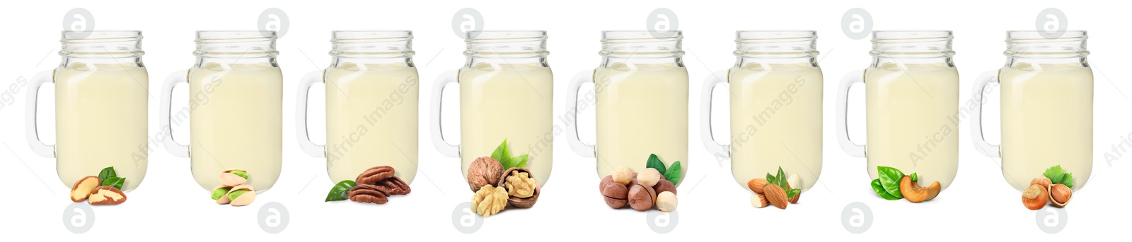Different types of nut milk in glass jars isolated on white, set Image of Different types of nut milk in glass jars isolated on white, set