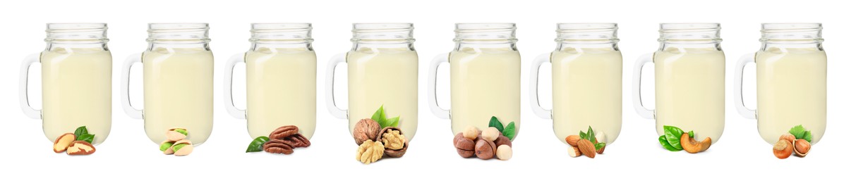 Image of Different types of nut milk in glass jars isolated on white, set