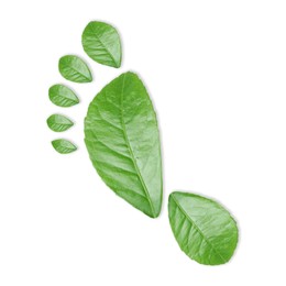 Image of Human footprint made of green leaves on white background, top view. Environmental care, ecology protection, reducing CO2 emission