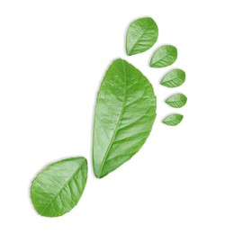 Image of Human footprint made of green leaves on white background, top view. Environmental care, ecology protection, reducing CO2 emission