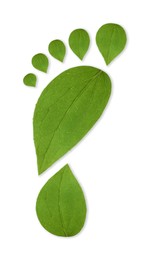 Image of Human footprint made of green leaves on white background, top view. Environmental care, ecology protection, reducing CO2 emission