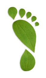 Image of Human footprint made of green leaves on white background, top view. Environmental care, ecology protection, reducing CO2 emission