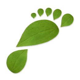 Image of Human footprint made of green leaves on white background, top view. Environmental care, ecology protection, reducing CO2 emission