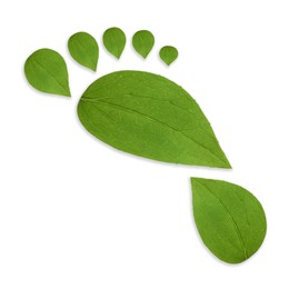 Image of Human footprint made of green leaves on white background, top view. Environmental care, ecology protection, reducing CO2 emission