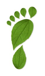 Image of Human footprint made of green leaves on white background, top view. Environmental care, ecology protection, reducing CO2 emission