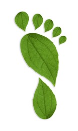 Image of Human footprint made of green leaves on white background, top view. Environmental care, ecology protection, reducing CO2 emission