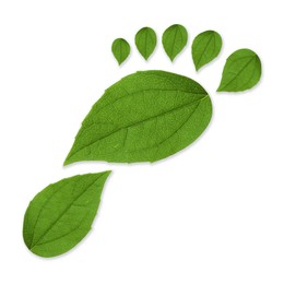 Image of Human footprint made of green leaves on white background, top view. Environmental care, ecology protection, reducing CO2 emission