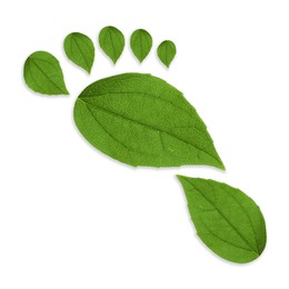 Image of Human footprint made of green leaves on white background, top view. Environmental care, ecology protection, reducing CO2 emission