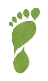 Image of Human footprint made of green leaves on white background, top view. Environmental care, ecology protection, reducing CO2 emission