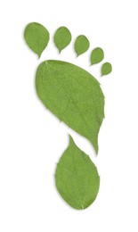 Image of Human footprint made of green leaves on white background, top view. Environmental care, ecology protection, reducing CO2 emission