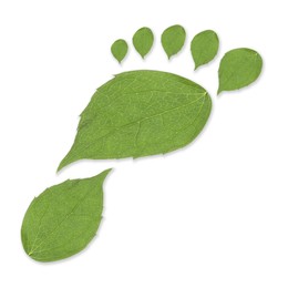 Image of Human footprint made of green leaves on white background, top view. Environmental care, ecology protection, reducing CO2 emission