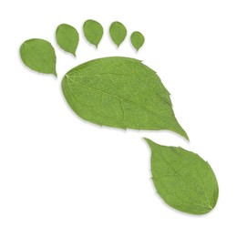 Image of Human footprint made of green leaves on white background, top view. Environmental care, ecology protection, reducing CO2 emission