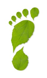 Image of Human footprint made of green leaves on white background, top view. Environmental care, ecology protection, reducing CO2 emission
