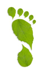 Image of Human footprint made of green leaves on white background, top view. Environmental care, ecology protection, reducing CO2 emission