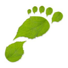 Image of Human footprint made of green leaves on white background, top view. Environmental care, ecology protection, reducing CO2 emission