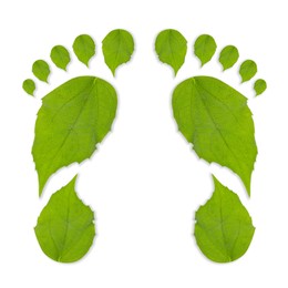 Image of Human footprints made of green leaves on white background, top view. Environmental care, ecology protection, reducing CO2 emission