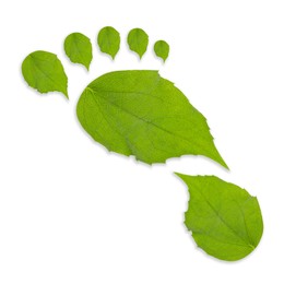 Image of Human footprint made of green leaves on white background, top view. Environmental care, ecology protection, reducing CO2 emission