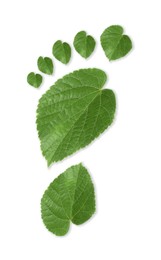 Image of Human footprint made of green leaves on white background, top view. Environmental care, ecology protection, reducing CO2 emission