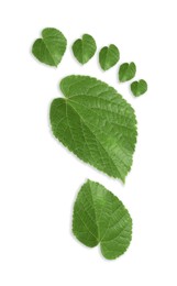 Image of Human footprint made of green leaves on white background, top view. Environmental care, ecology protection, reducing CO2 emission