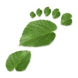 Image of Human footprint made of green leaves on white background, top view. Environmental care, ecology protection, reducing CO2 emission