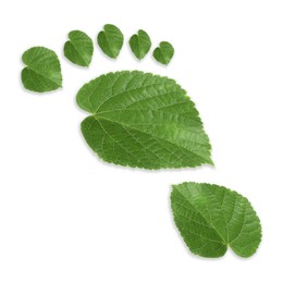 Image of Human footprint made of green leaves on white background, top view. Environmental care, ecology protection, reducing CO2 emission