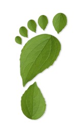 Image of Human footprint made of green leaves on white background, top view. Environmental care, ecology protection, reducing CO2 emission