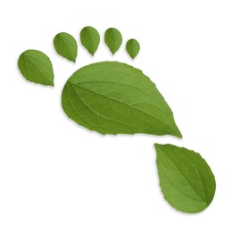 Image of Human footprint made of green leaves on white background, top view. Environmental care, ecology protection, reducing CO2 emission