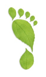 Image of Human footprint made of green leaves on white background, top view. Environmental care, ecology protection, reducing CO2 emission