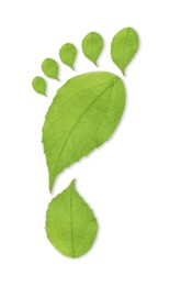 Image of Human footprint made of green leaves on white background, top view. Environmental care, ecology protection, reducing CO2 emission